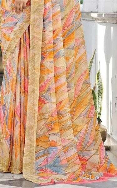 Geometric Print, Graphic Print Bollywood Chiffon, Georgette Saree (Teal Green)