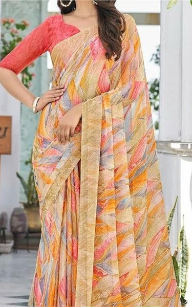 Geometric Print, Graphic Print Bollywood Chiffon, Georgette Saree (Teal Green)