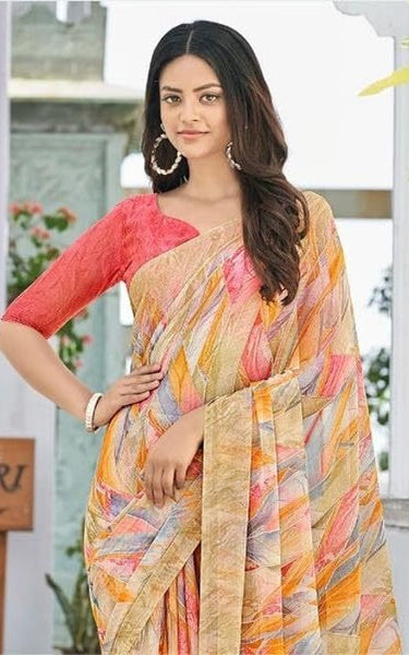 Geometric Print, Graphic Print Bollywood Chiffon, Georgette Saree (Teal Green)