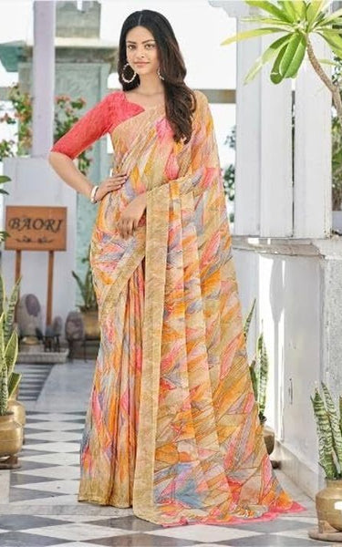 Geometric Print, Graphic Print Bollywood Chiffon, Georgette Saree (Teal Green)