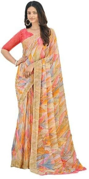 Geometric Print, Graphic Print Bollywood Chiffon, Georgette Saree (Teal Green)