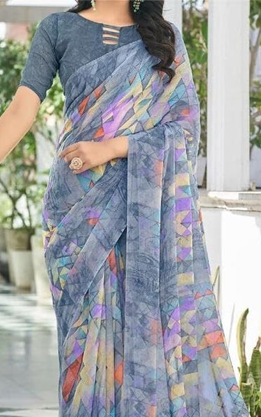 Geometric Print, Graphic Print Bollywood Chiffon, Georgette Saree (Cream)