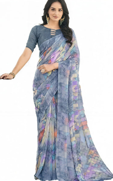 Geometric Print, Graphic Print Bollywood Chiffon, Georgette Saree (Cream)