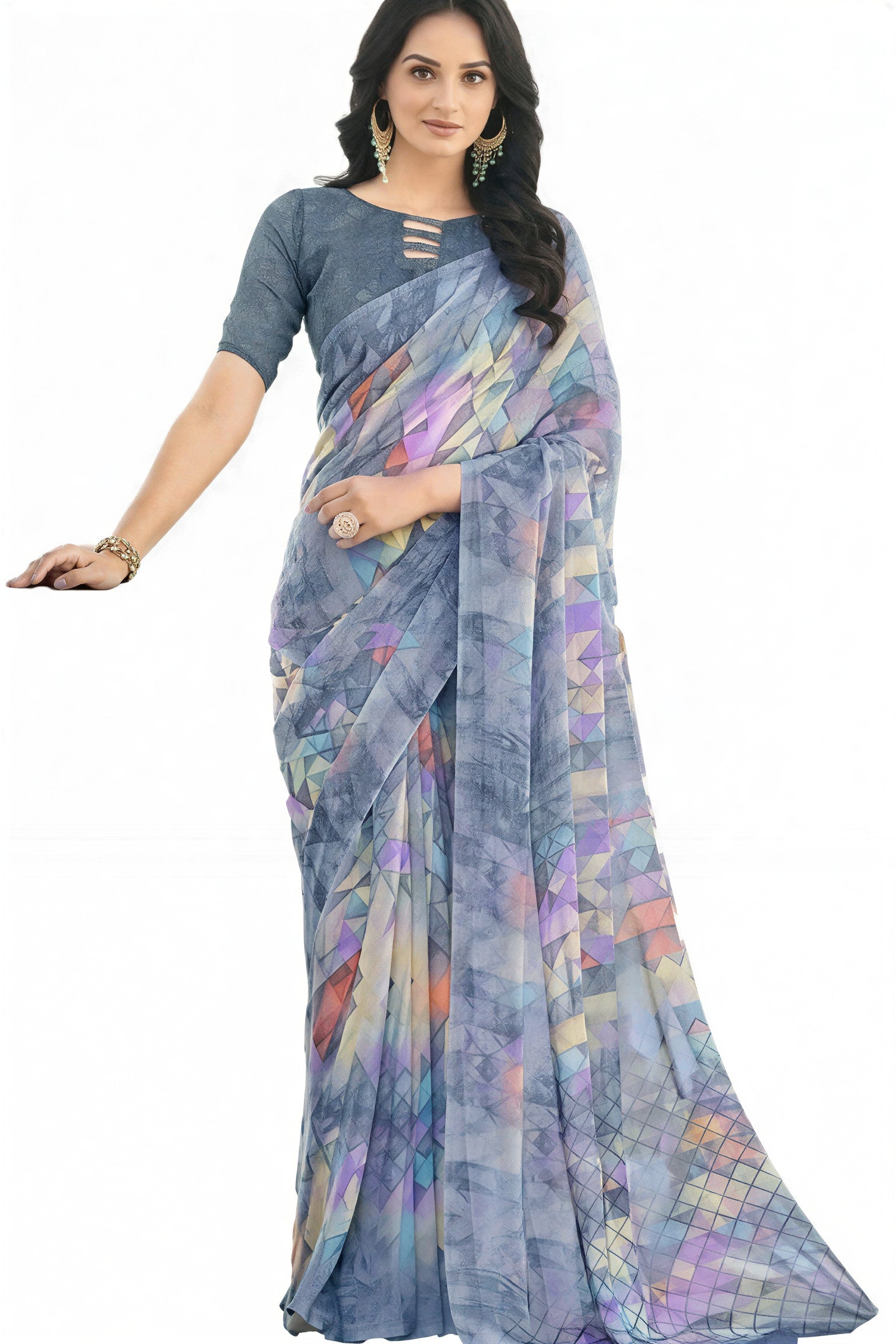 Chiffon Georgette Geometric Print Saree with Blouse Piece (Grey)