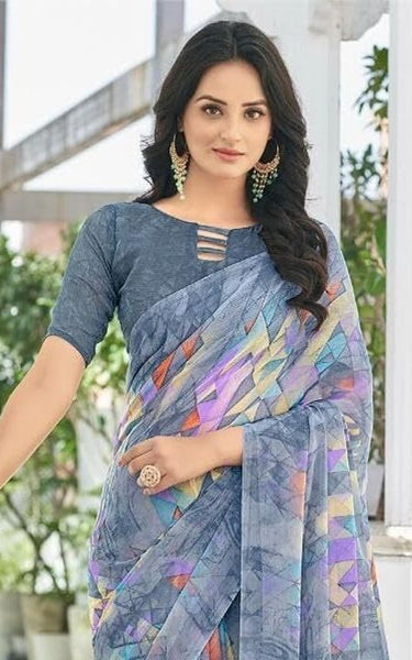 Geometric Print, Graphic Print Bollywood Chiffon, Georgette Saree (Cream)