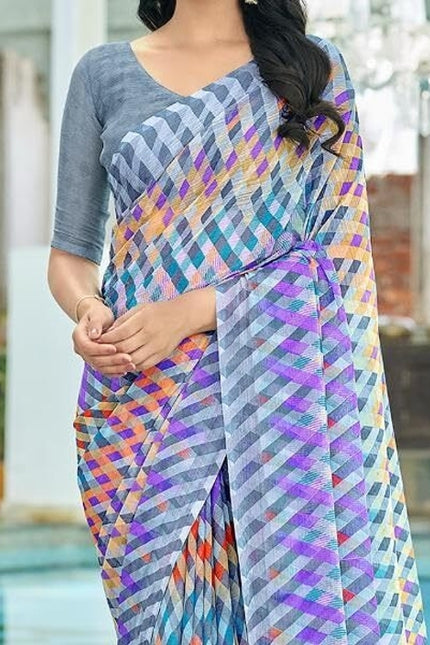 Geometric Print, Graphic Print Bollywood Chiffon, Georgette Saree (Grey & Purple)