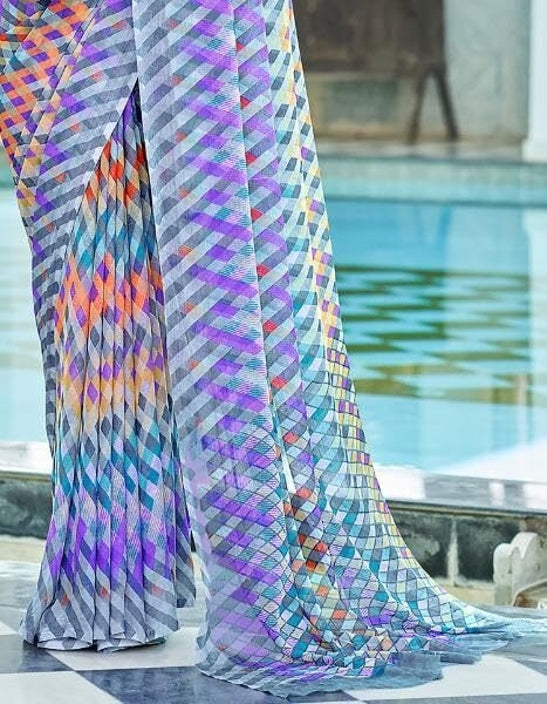 Geometric Print, Graphic Print Bollywood Chiffon, Georgette Saree (Grey & Purple)