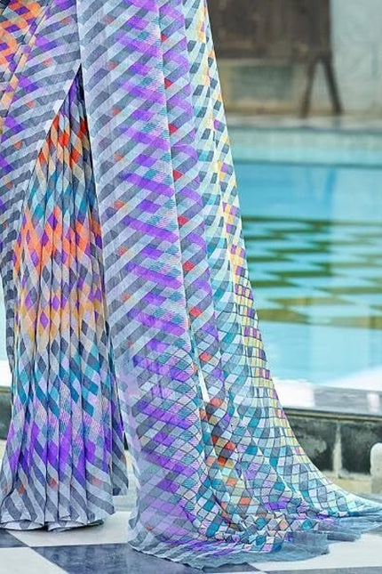 Geometric Print, Graphic Print Bollywood Chiffon, Georgette Saree (Grey & Purple)