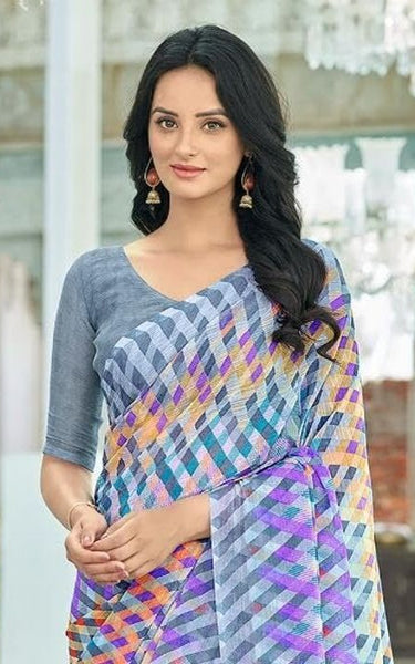 Geometric Print, Graphic Print Bollywood Chiffon, Georgette Saree (Grey)