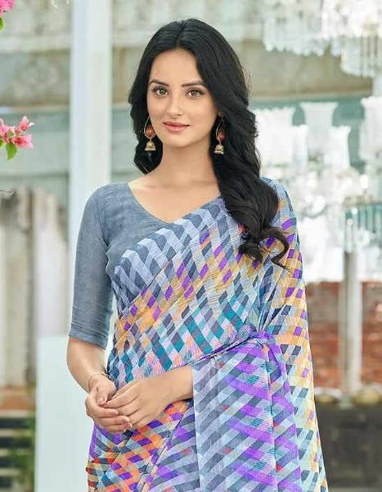 Geometric Print, Graphic Print Bollywood Chiffon, Georgette Saree (Grey & Purple)