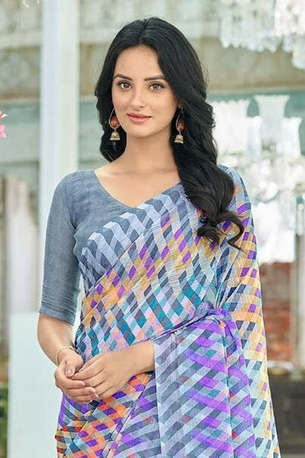 Geometric Print, Graphic Print Bollywood Chiffon, Georgette Saree (Grey & Purple)