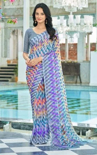 Geometric Print, Graphic Print Bollywood Chiffon, Georgette Saree (Grey)