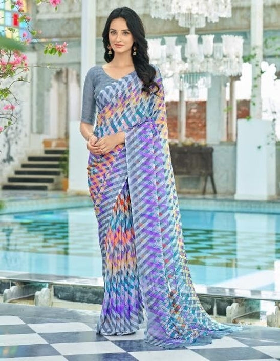 Geometric Print, Graphic Print Bollywood Chiffon, Georgette Saree (Grey & Purple)