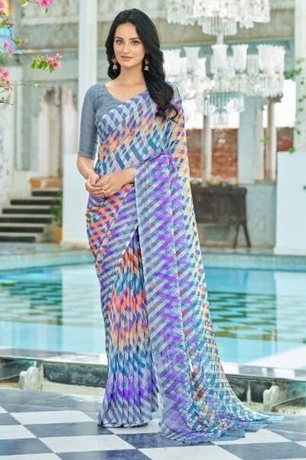 Geometric Print, Graphic Print Bollywood Chiffon, Georgette Saree (Grey & Purple)
