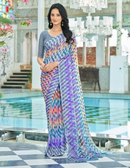 Geometric Print, Graphic Print Bollywood Chiffon, Georgette Saree (Grey & Purple)