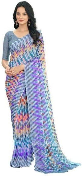 Geometric Print, Graphic Print Bollywood Chiffon, Georgette Saree (Grey & Purple)