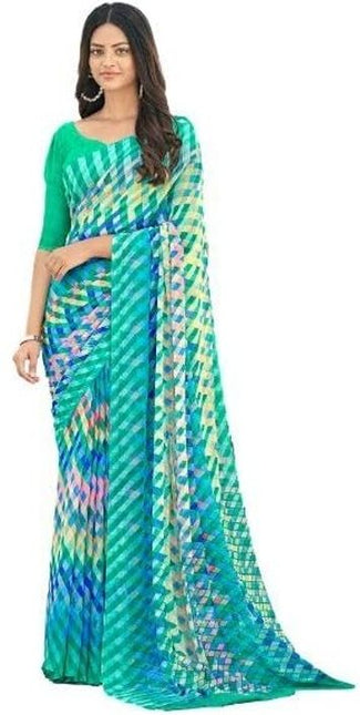 Geometric Print, Graphic Print Bollywood Chiffon, Georgette Saree (Dark Green)