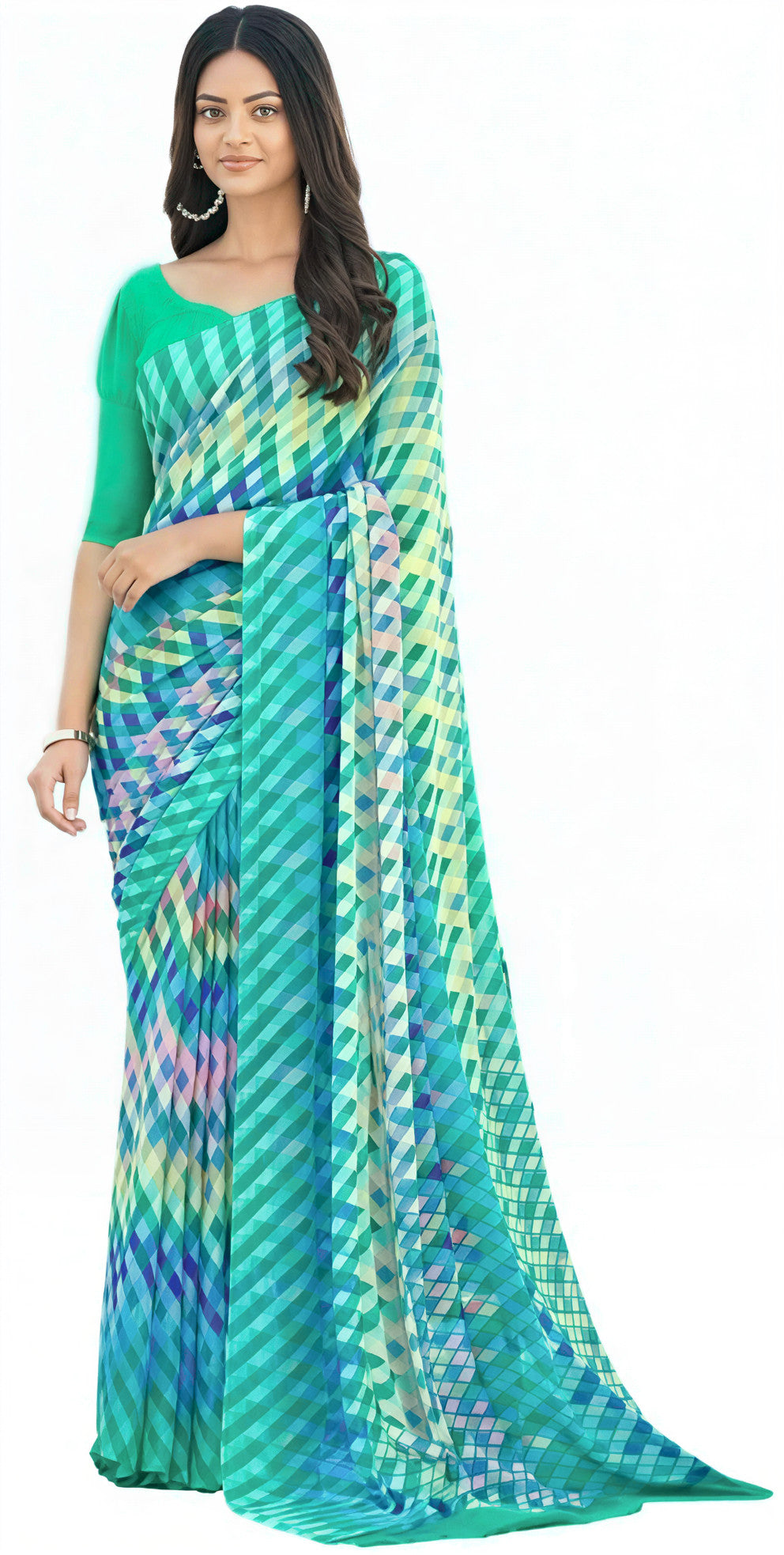 Chiffon Georgette Geometric Print Saree with Blouse Piece (Sea Green)
