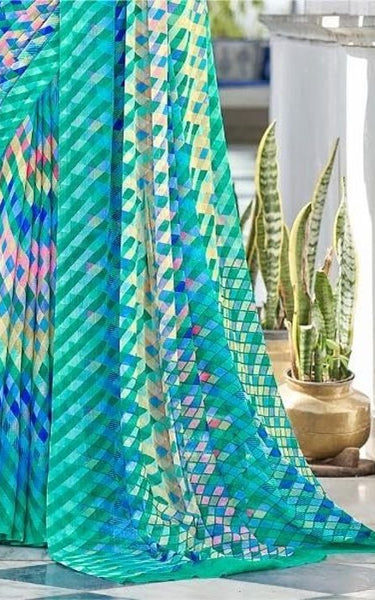 Geometric Print, Graphic Print Bollywood Chiffon, Georgette Saree (Dark Green)