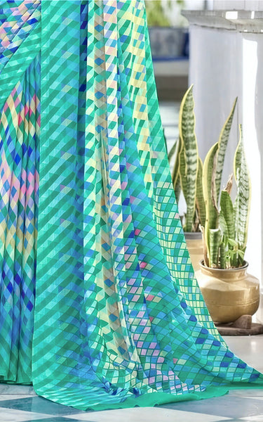 Geometric Print, Graphic Print Bollywood Chiffon, Georgette Saree (Dark Green)