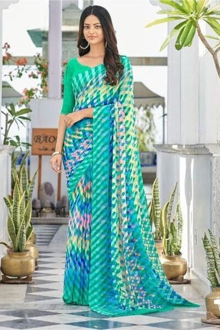 Geometric Print, Graphic Print Bollywood Chiffon, Georgette Saree (Dark Green)