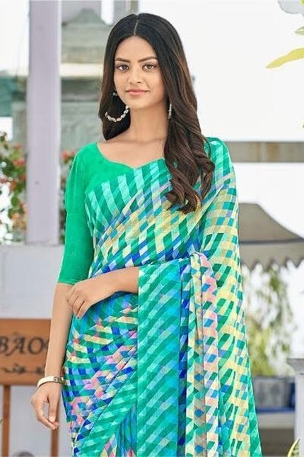 Geometric Print, Graphic Print Bollywood Chiffon, Georgette Saree (Dark Green)