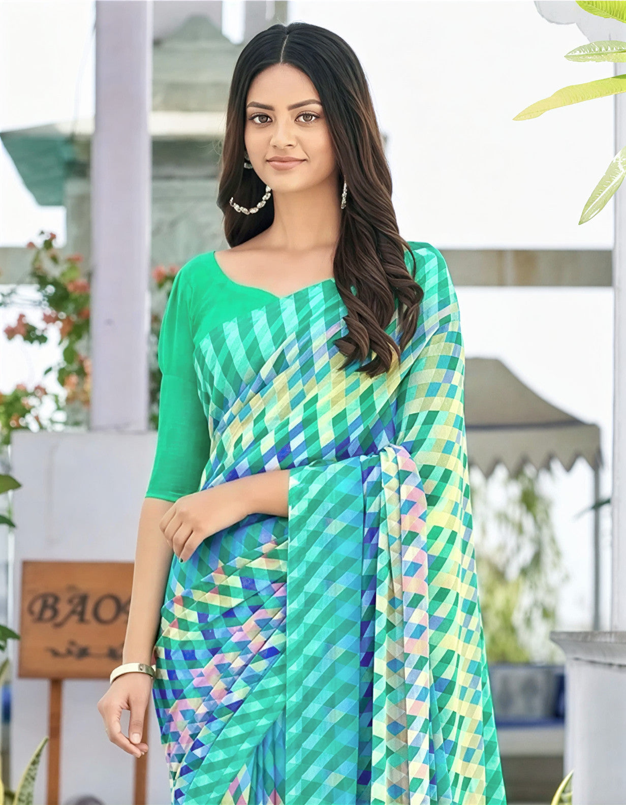 Chiffon Georgette Geometric Print Saree with Blouse Piece (Sea Green)