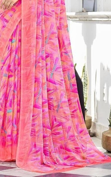 Geometric Print, Graphic Print Bollywood Chiffon, Georgette Saree (Pink)