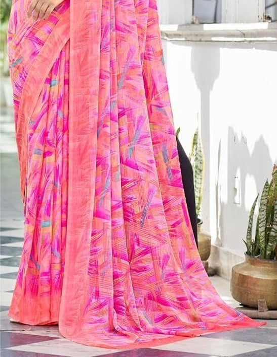 Geometric Print, Graphic Print Bollywood Chiffon, Georgette Saree (Pink)