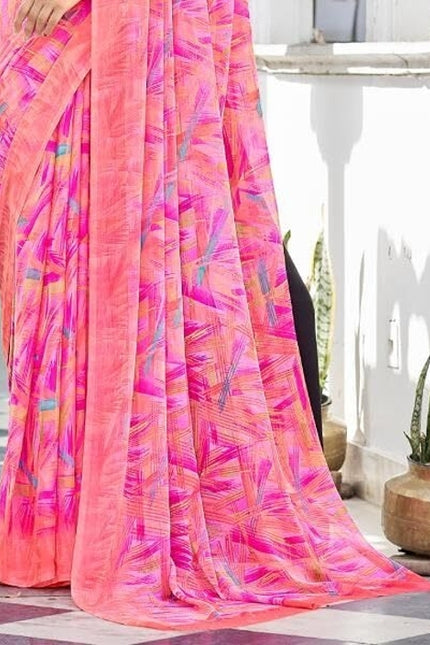 Geometric Print, Graphic Print Bollywood Chiffon, Georgette Saree (Pink)
