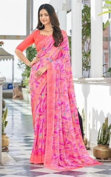 Geometric Print, Graphic Print Bollywood Chiffon, Georgette Saree (Pink)