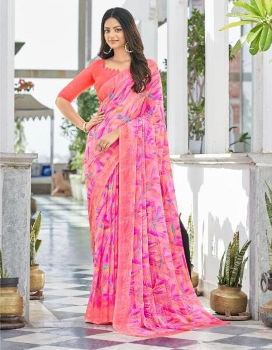 Geometric Print, Graphic Print Bollywood Chiffon, Georgette Saree (Pink)