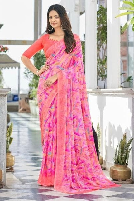Geometric Print, Graphic Print Bollywood Chiffon, Georgette Saree (Pink)