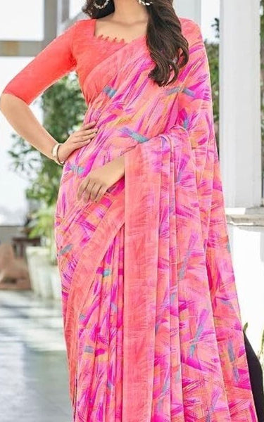 Geometric Print, Graphic Print Bollywood Chiffon, Georgette Saree (Pink)
