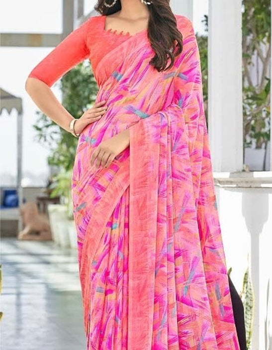 Geometric Print, Graphic Print Bollywood Chiffon, Georgette Saree (Pink)