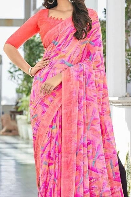 Geometric Print, Graphic Print Bollywood Chiffon, Georgette Saree (Pink)