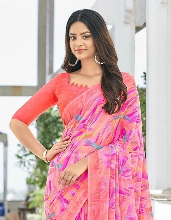 Geometric Print, Graphic Print Bollywood Chiffon, Georgette Saree (Pink)