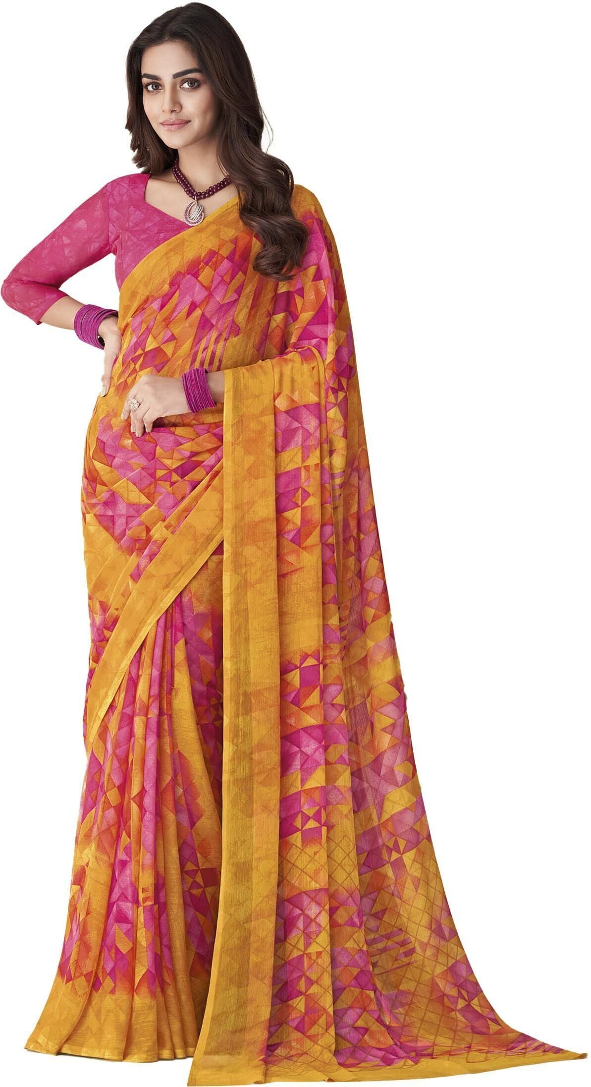 Geometric Print, Graphic Print Bollywood Chiffon, Georgette Saree (Pink)