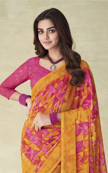 Geometric Print, Graphic Print Bollywood Chiffon, Georgette Saree (Pink)