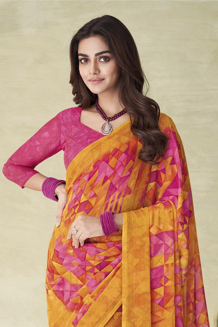 Geometric Print, Graphic Print Bollywood Chiffon, Georgette Saree (Pink)
