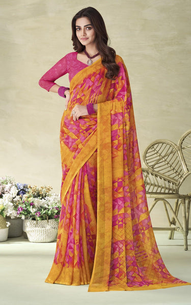 Geometric Print, Graphic Print Bollywood Chiffon, Georgette Saree (Pink)
