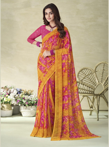 Geometric Print, Graphic Print Bollywood Chiffon, Georgette Saree (Pink)
