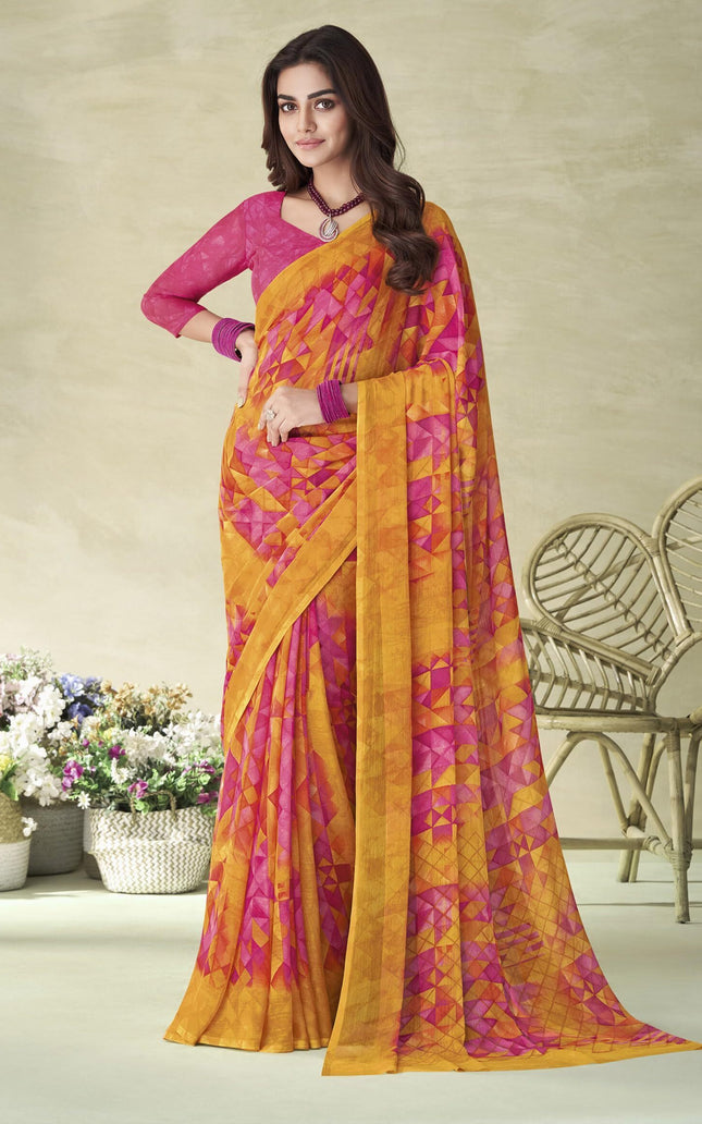 Geometric Print, Graphic Print Bollywood Chiffon, Georgette Saree (Pink)