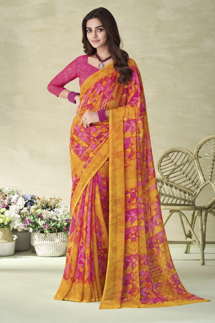 Geometric Print, Graphic Print Bollywood Chiffon, Georgette Saree (Pink)