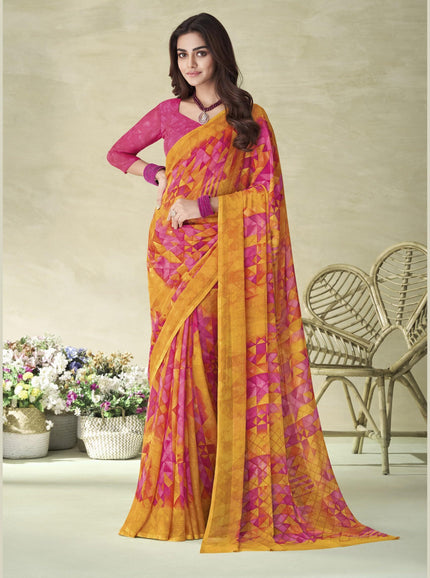 Geometric Print, Graphic Print Bollywood Chiffon, Georgette Saree (Pink)