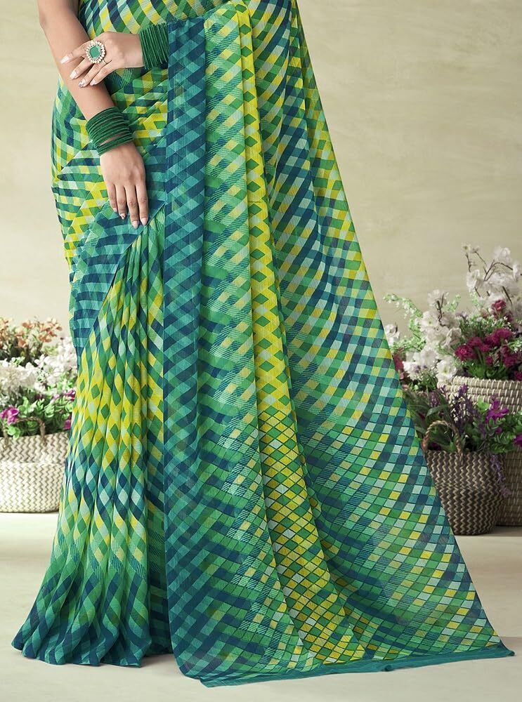 Floral Print Kalamkari Chiffon, Georgette Saree (Multicolor)