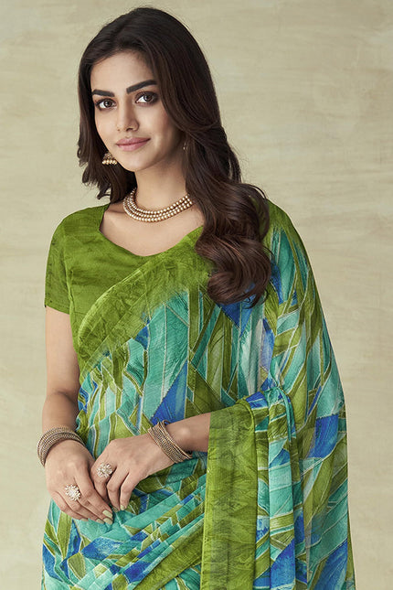 Geometric Print Bollywood Chiffon, Georgette Saree (Blue)