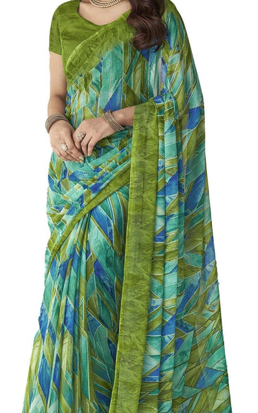 Geometric Print Bollywood Chiffon, Georgette Saree (Blue)