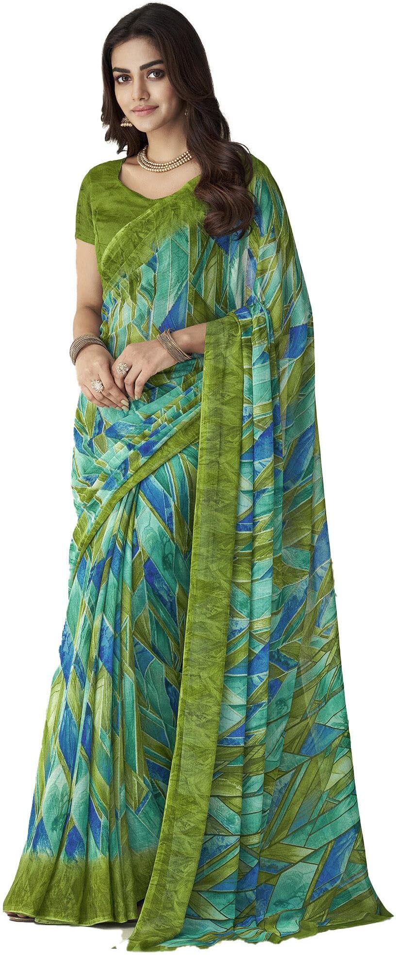Geometric Print Bollywood Chiffon, Georgette Saree (Green)