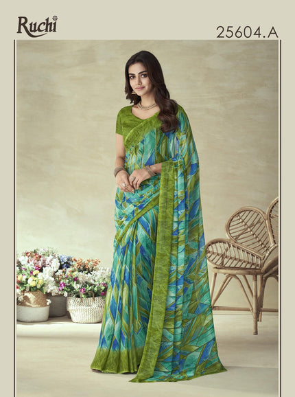 Geometric Print Bollywood Chiffon, Georgette Saree (Green)